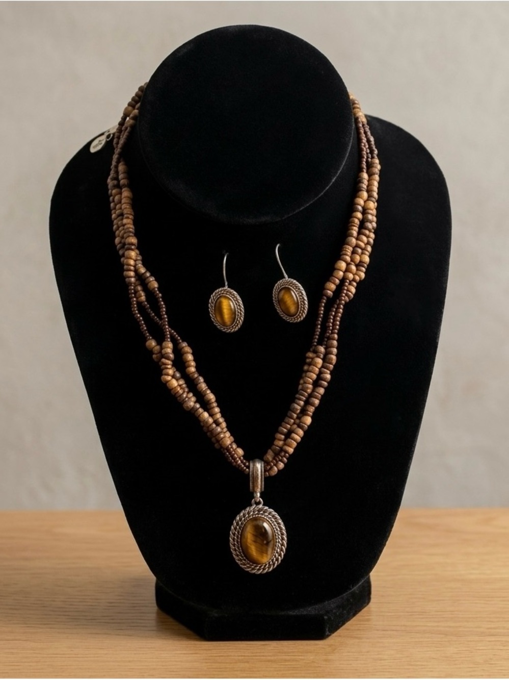 Brown Tiger Eye Bead Necklace and Earring Set